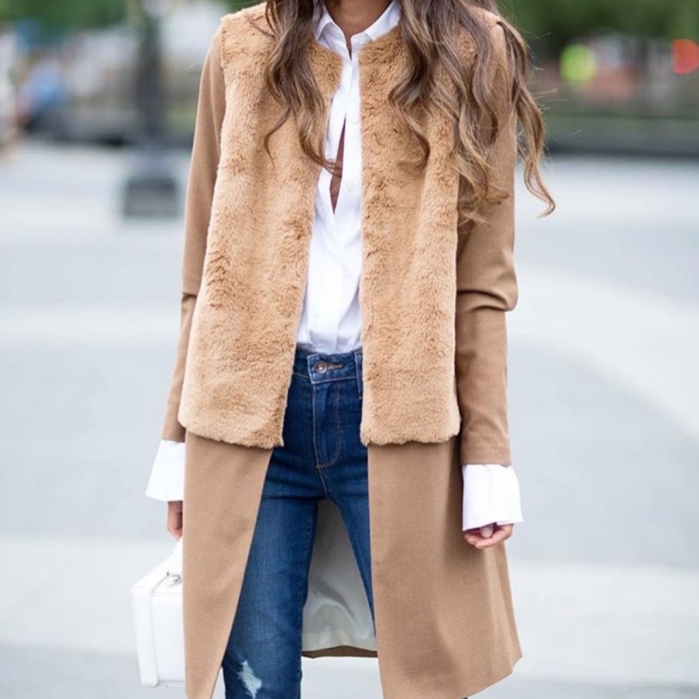 Treasure & Bond x Something Navy Camel Open Front Faux Fur Coat